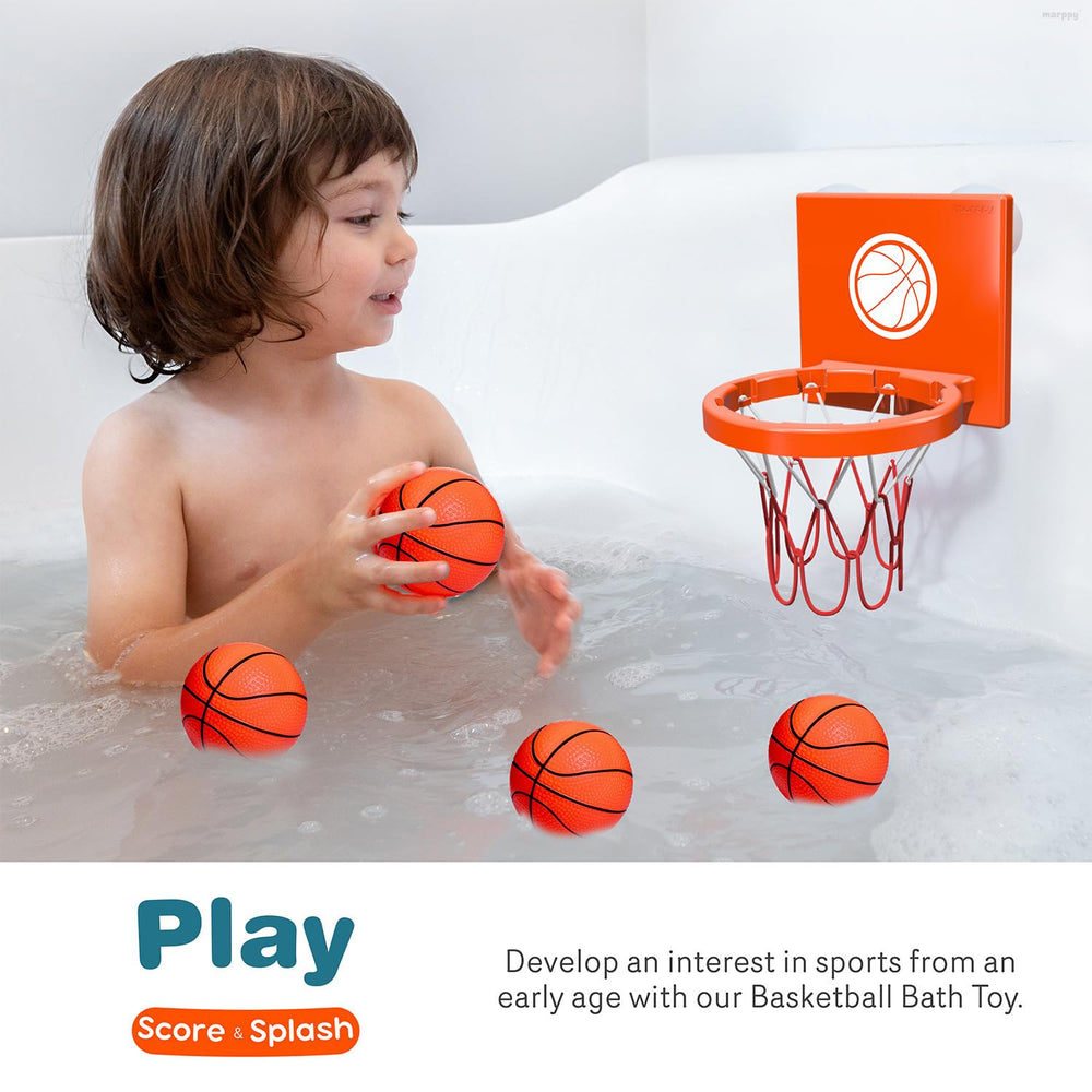 MARPPY bath time play session with mini hoop and soft balls for toddlers.
