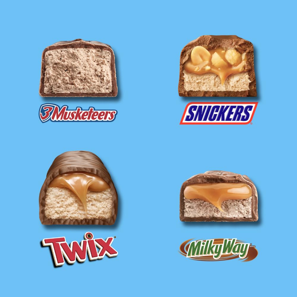 A close-up of Mars 3 Musketeers mini-bars, airy center for movie nights.