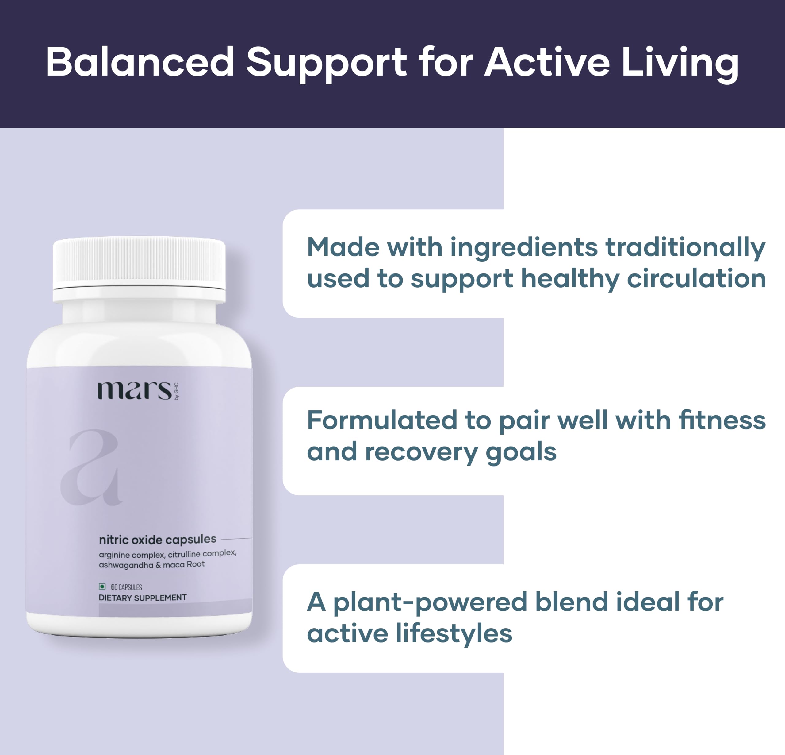 Mars by GHC Mars Nitric Oxide capsules closeup highlights L-Arginine and L-Citrulline blend.
