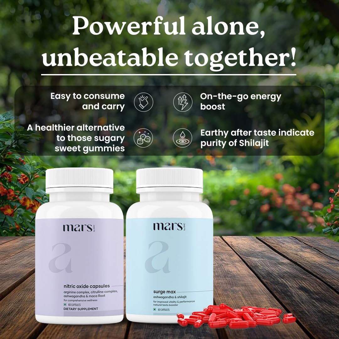 Mars by GHC Surgemax capsules on shelf; vegan-friendly formula for active lifestyles.