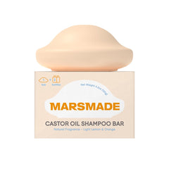 Marsmade Castor Oil Shampoo Bar packaging on a clean surface for sustainable care.