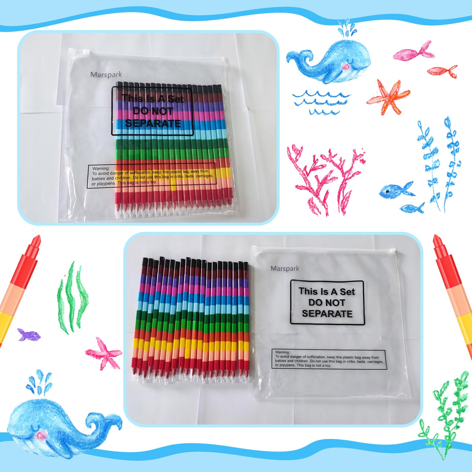 Marspark stackable crayons colors close-up highlights 12 color segments per crayon.