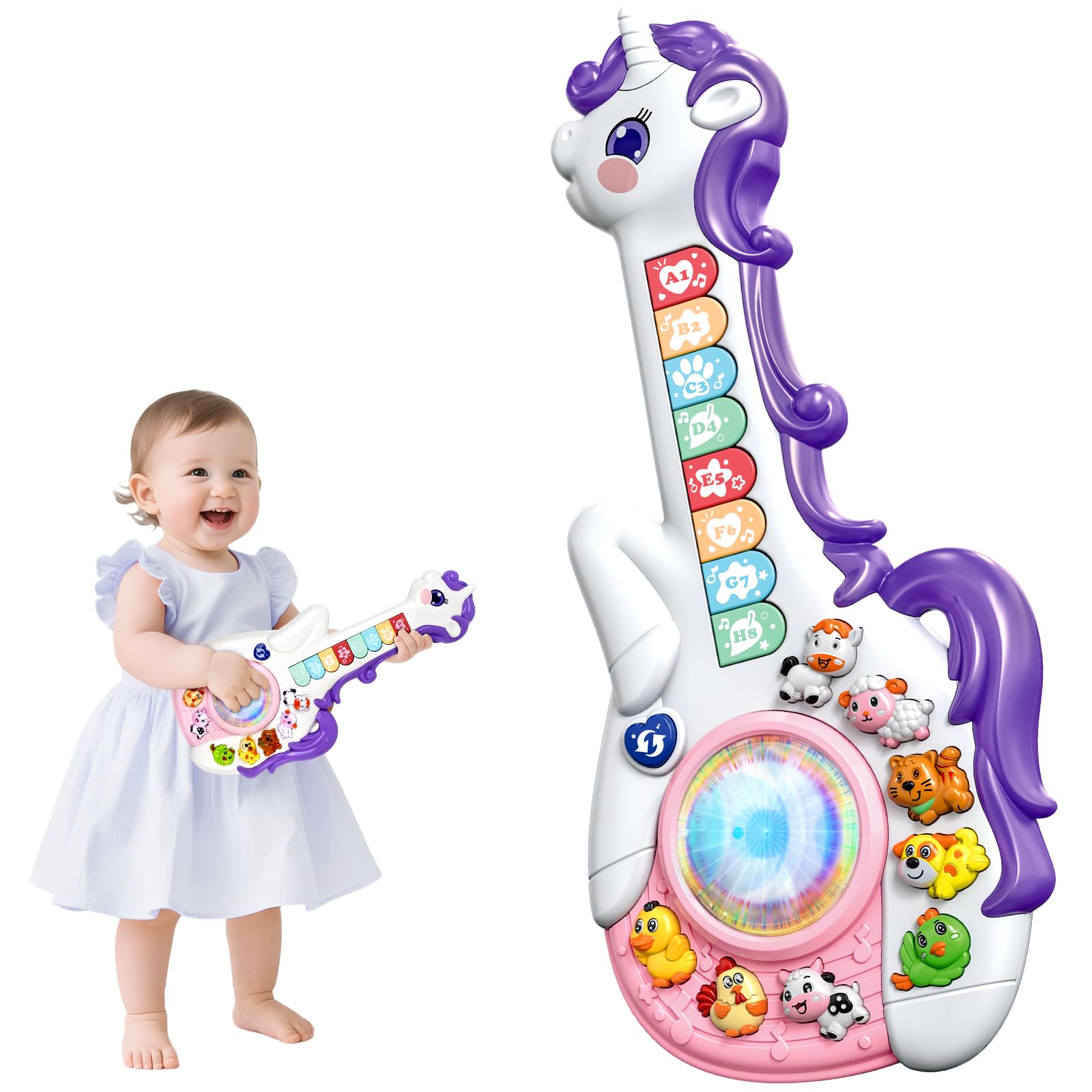 Marstone baby musical unicorn toy with twinkling lights for sensory play.