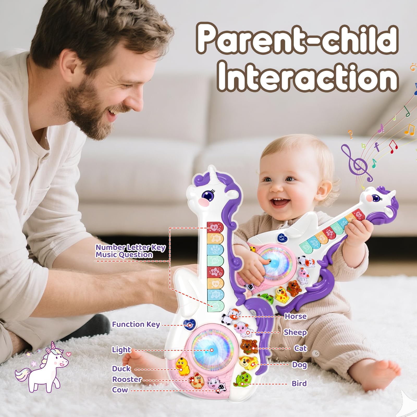 Marstone educational cartoon guitar for toddlers promotes language and number learning.