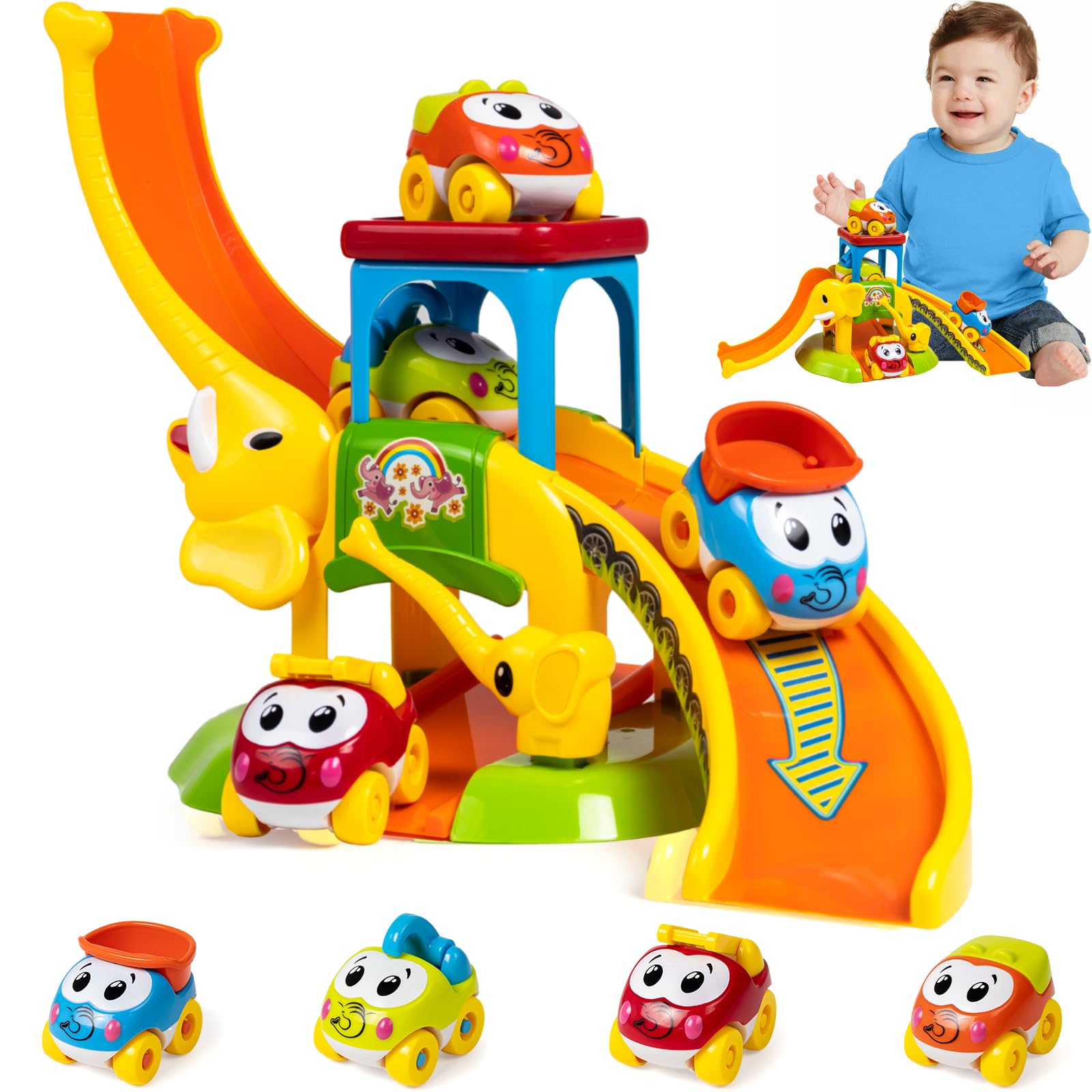 Marstone elephant slide with four animal cars supports early color recognition and motor skills.
