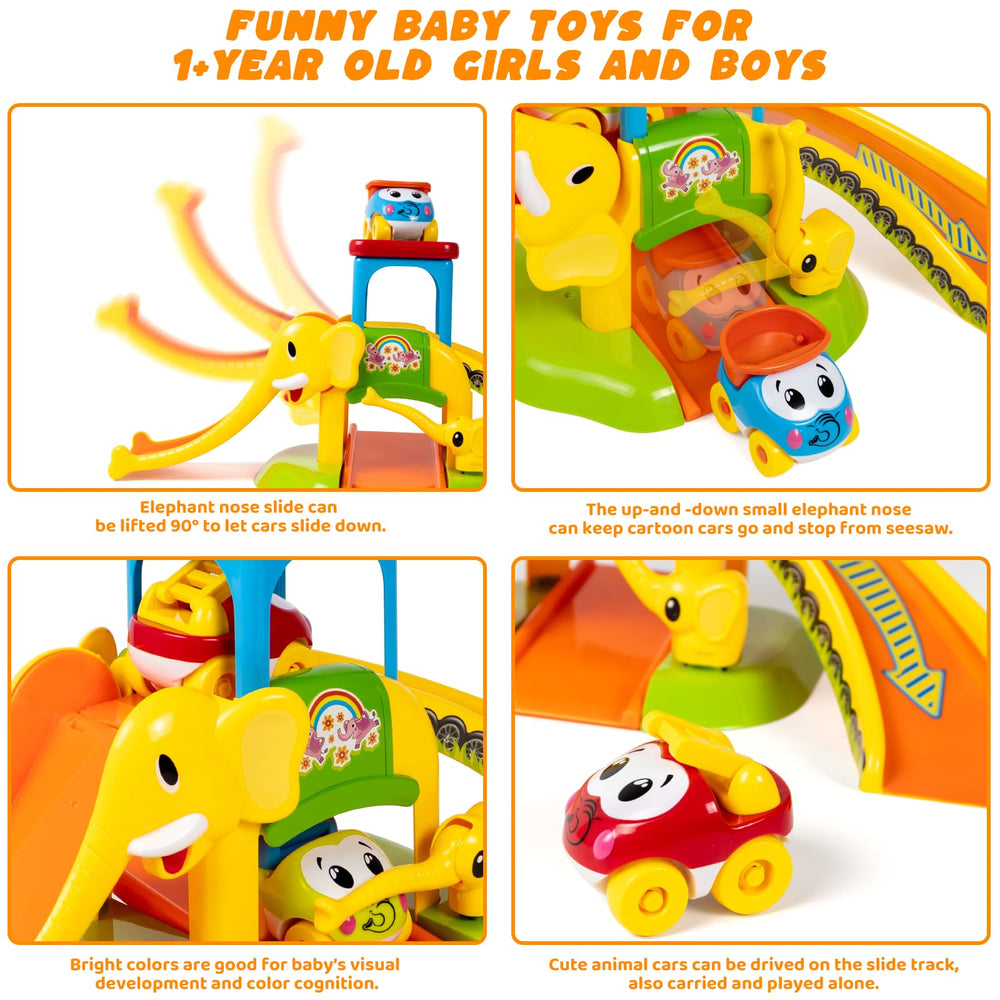 Marstone push-and-go cars glide on the elephant slide for hands-on play.