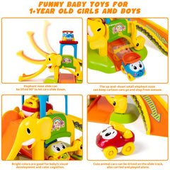 Marstone push-and-go cars glide on the elephant slide for hands-on play.