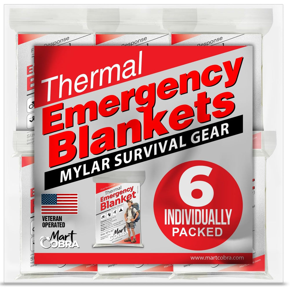 Mart Cobra emergency blanket 6-pack laid out for quick access in camping