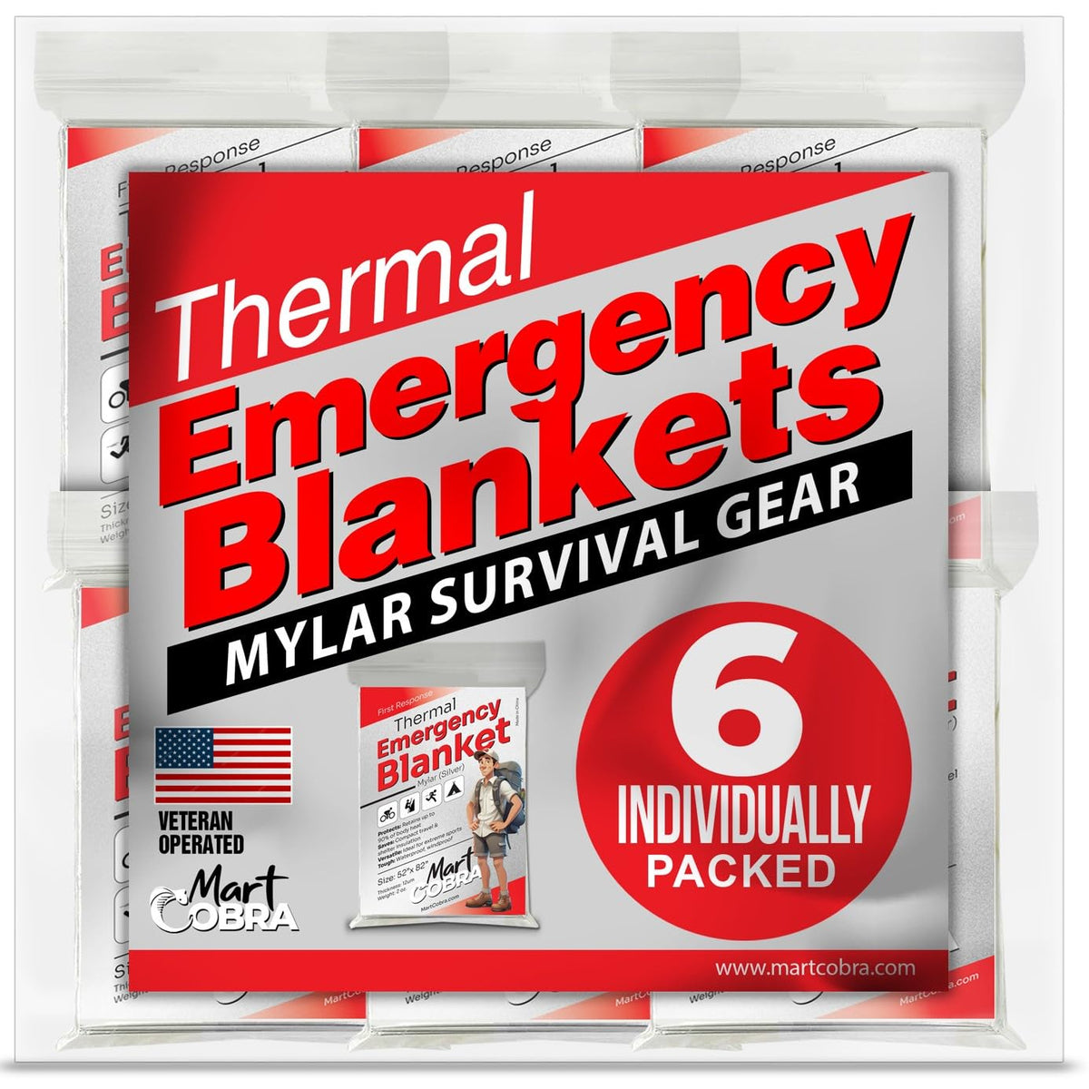 Mart Cobra emergency blanket 6-pack laid out for quick access in camping