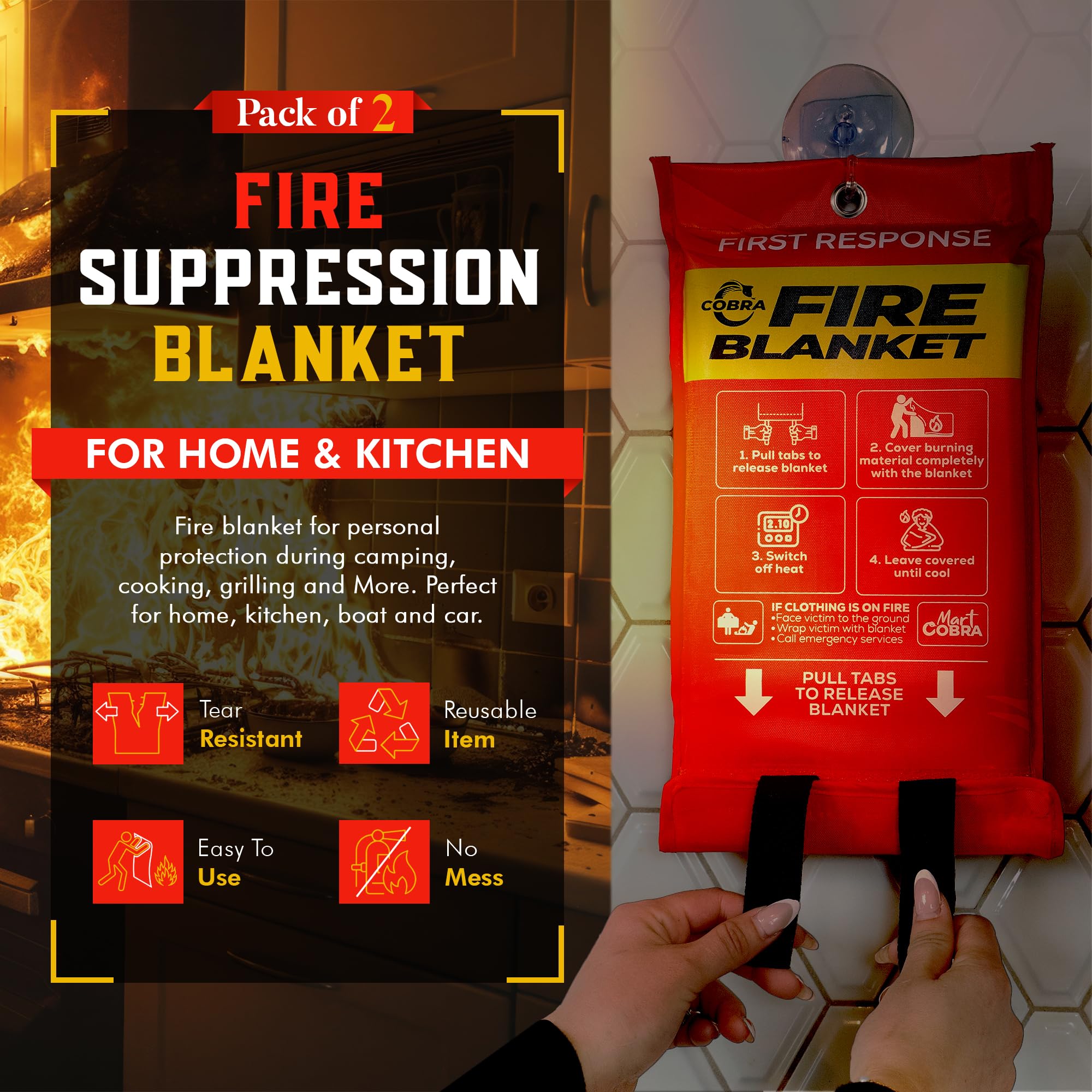 Grease-fire scenario shows Mart Cobra blanket smothering flames safely.