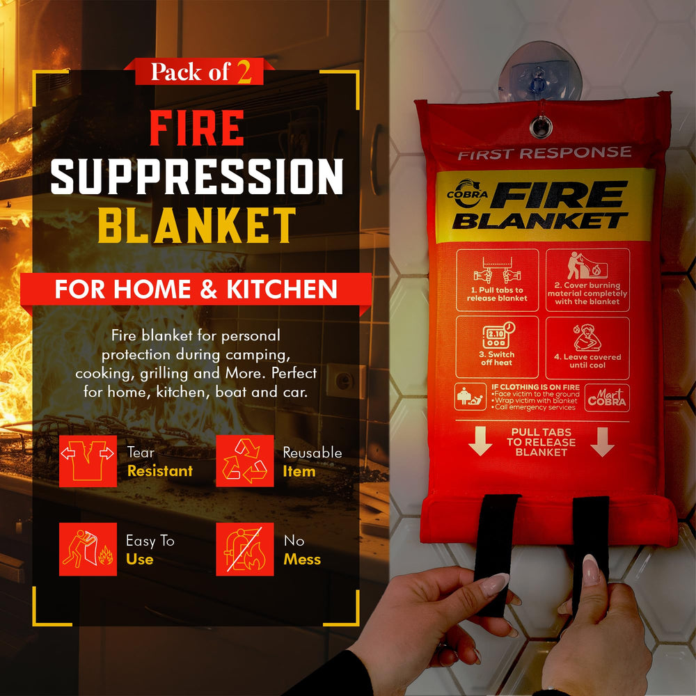 Grease-fire scenario shows Mart Cobra blanket smothering flames safely.