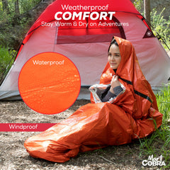 Mart Cobra mylar foil emergency blanket provides full-body coverage in cold conditions.