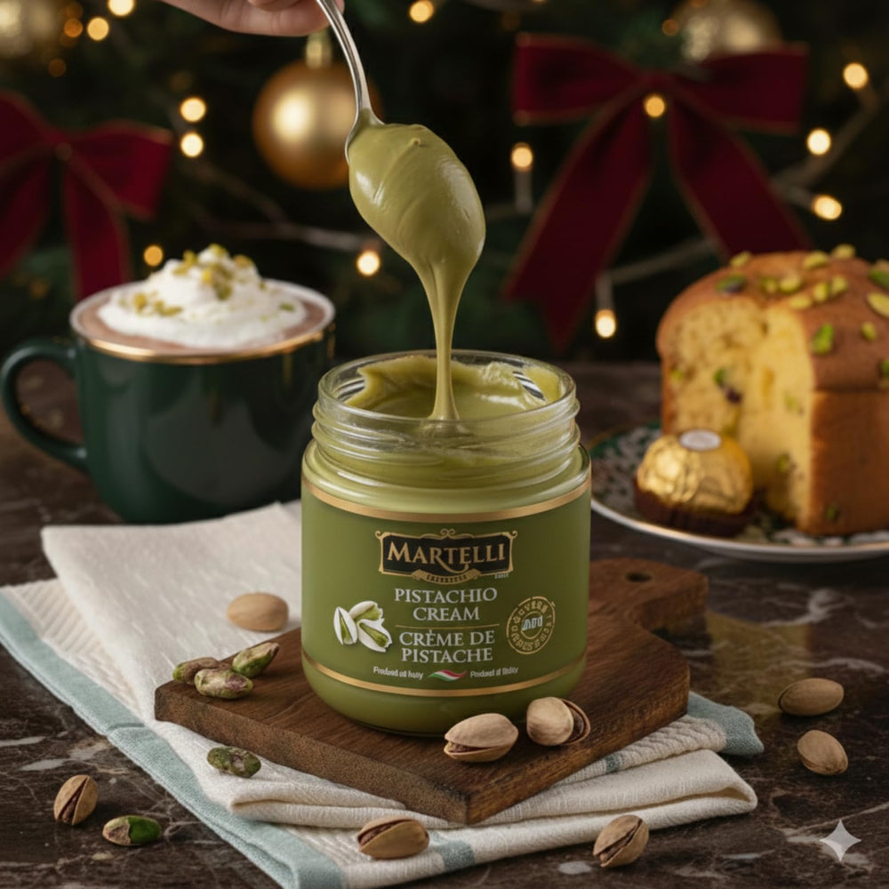 Martelli Pistachio Cream swirl on dessert, perfect for ice cream toppings.