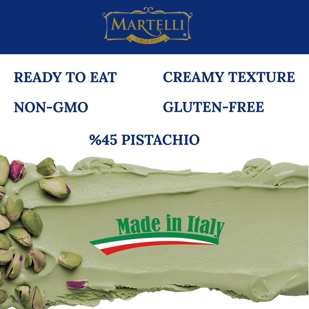 Martelli Pistachio Cream dessert filling shown paired with pastries.