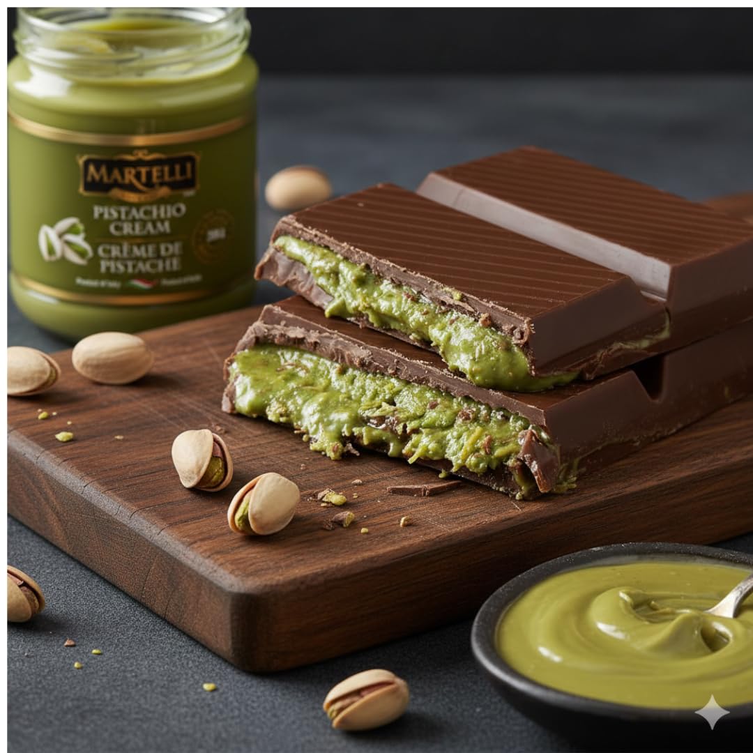 Martelli Pistachio Cream 200g jar highlights rich pistachio color and premium quality.
