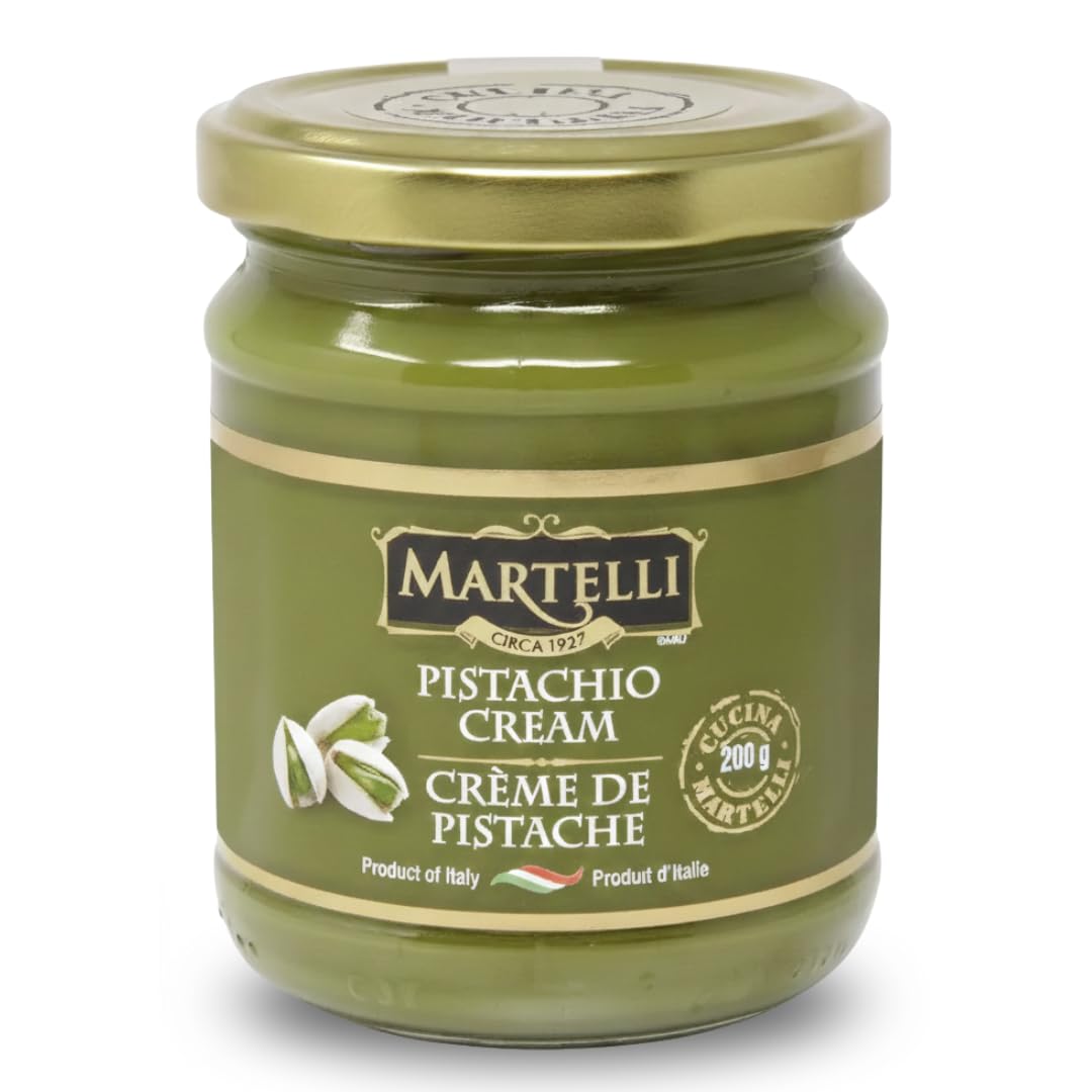 Martelli Pistachio Cream Italian jar shows smooth texture for gluten-free desserts.