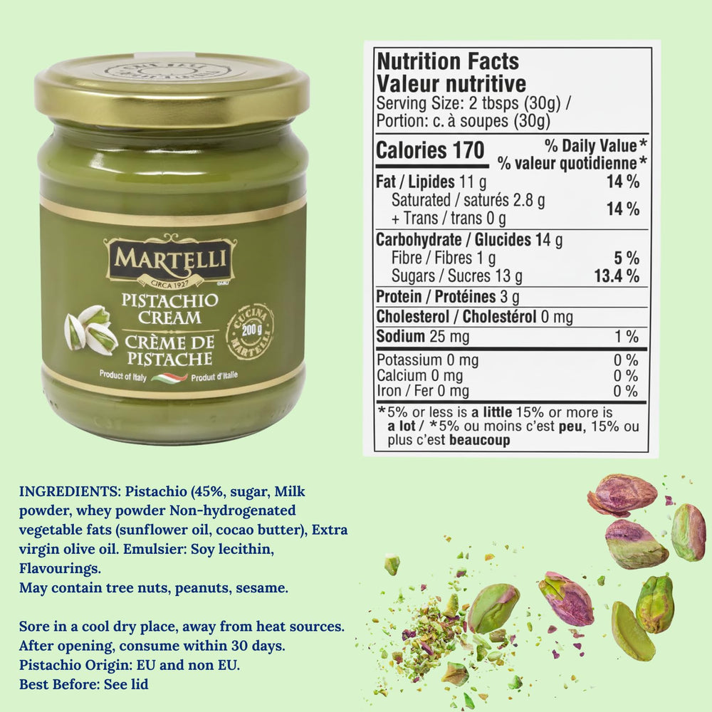Martelli Pistachio Cream smooth texture on spoon ideal for crepes and pastries.