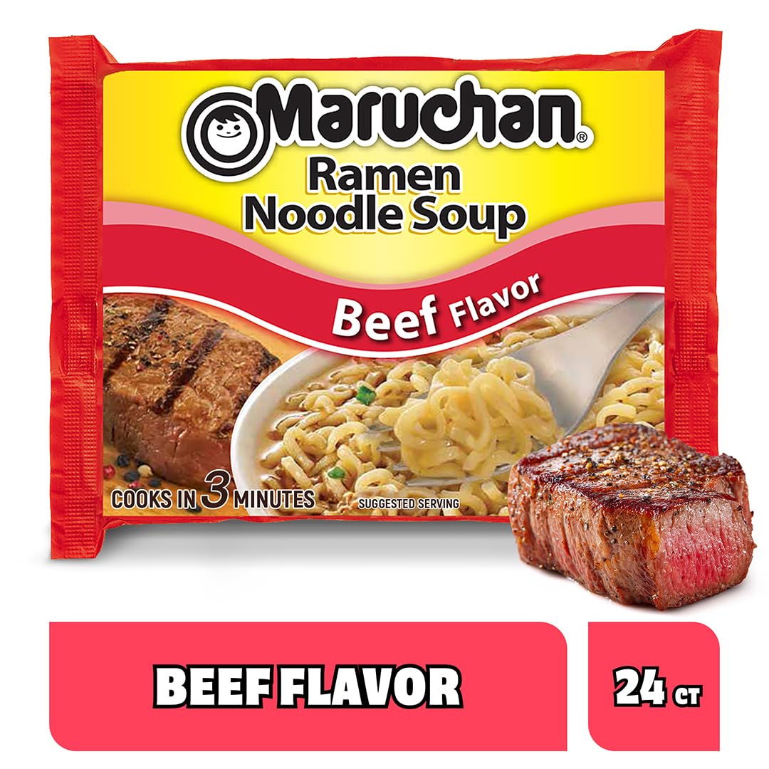 Maruchan Beef Ramen noodles cooking in 3 minutes, ideal for busy meals.