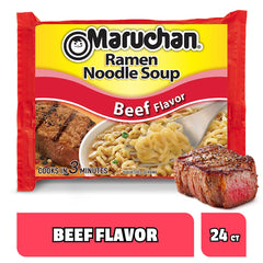 Maruchan Beef Ramen noodles cooking in 3 minutes, ideal for busy meals.
