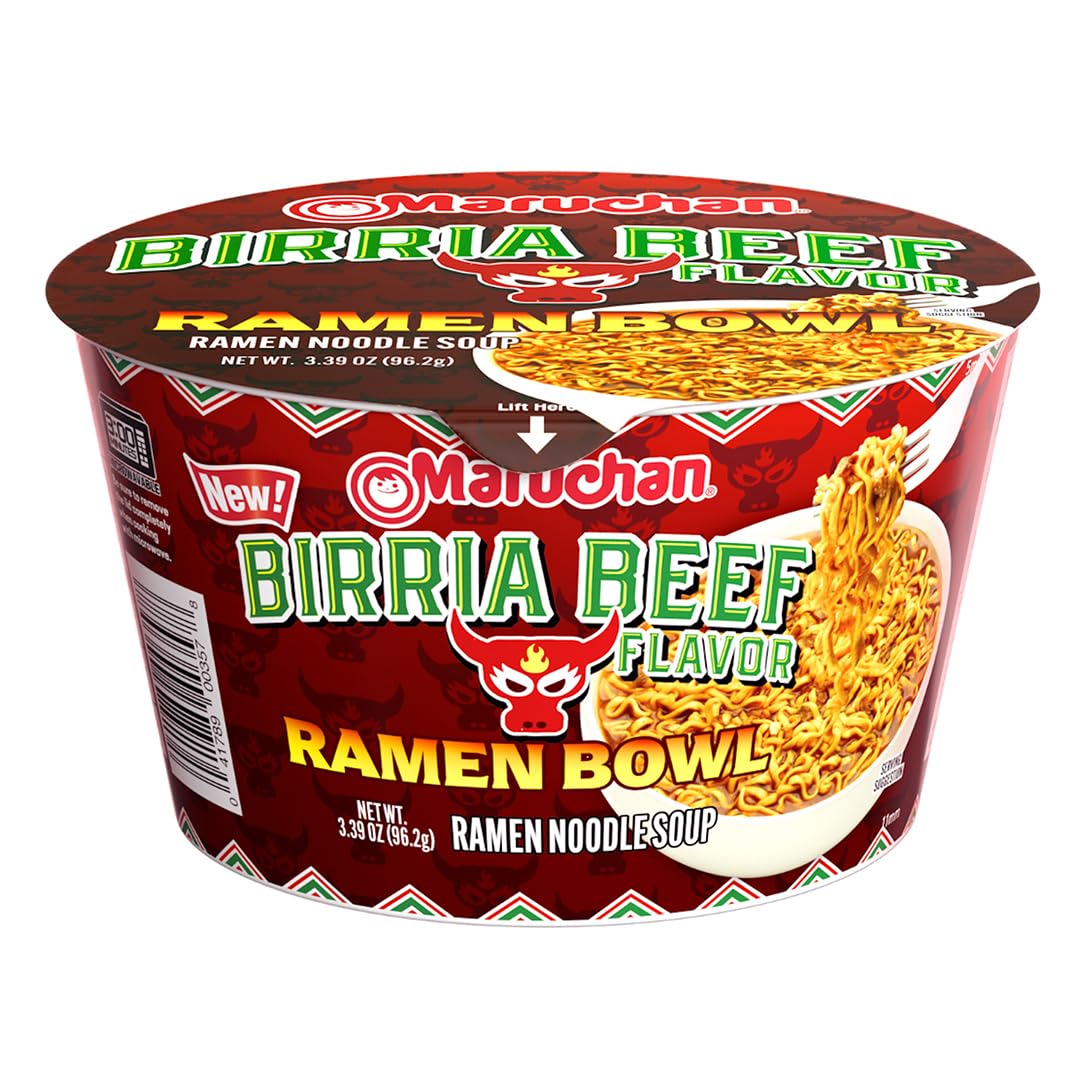 Maruchan Birria Beef Ramen Bowl broth close-up, ideal cozy lunch.