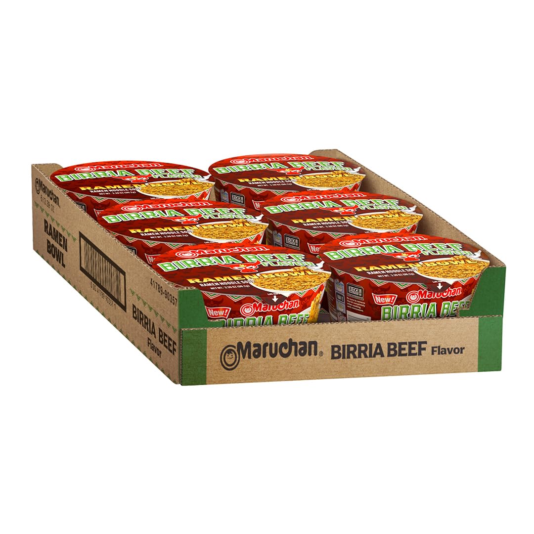 Maruchan Birria Beef Ramen Bowl noodles steaming, quick warm-me-up option.