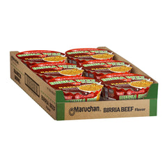 Maruchan Birria Beef Ramen Bowl noodles steaming, quick warm-me-up option.