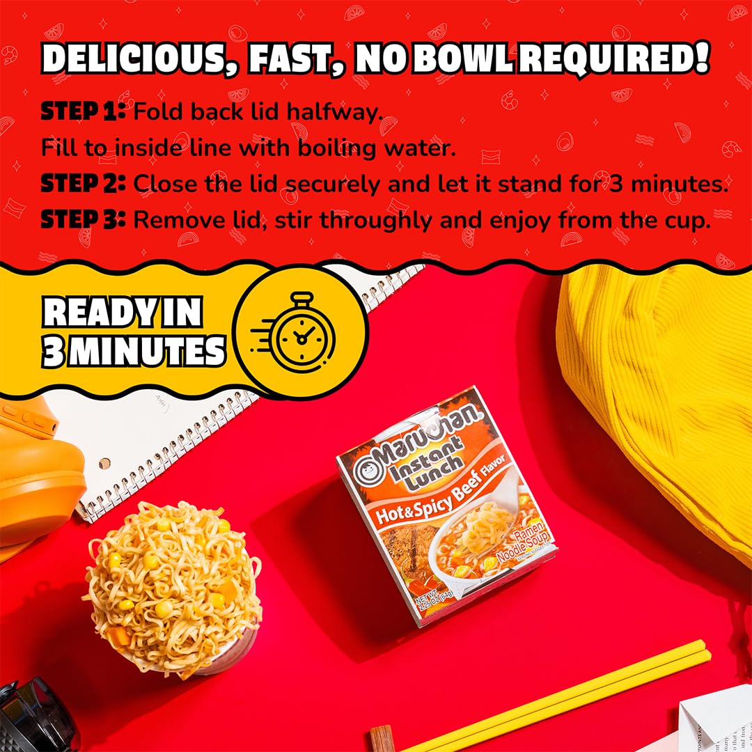 Twelve-pack of Maruchan Instant Lunch hot and spicy beef cups.