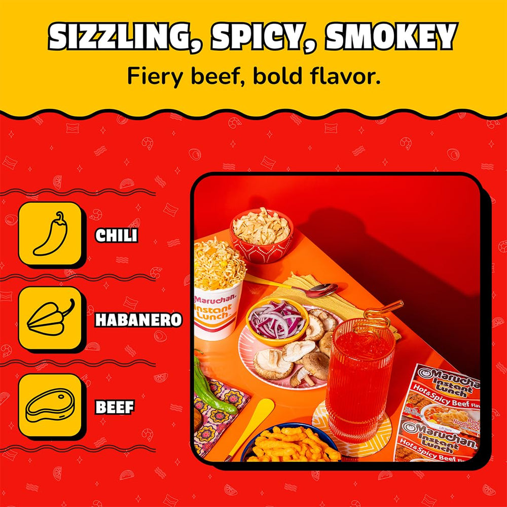Hot water fill line shown for Maruchan Instant Lunch beef flavor.