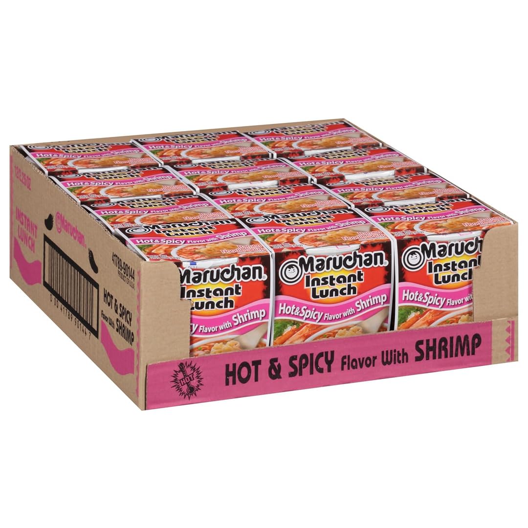 Maruchan Instant Lunch hot shrimp cup delivers quick, spicy flavor for on-the-go meals.