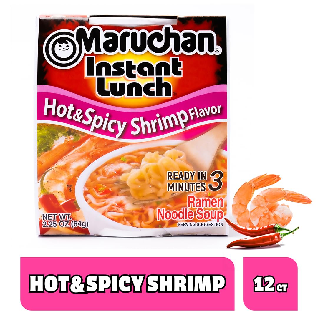Close-up of shrimp and noodles in a Maruchan cup, highlighting bold flavor and convenient prep.