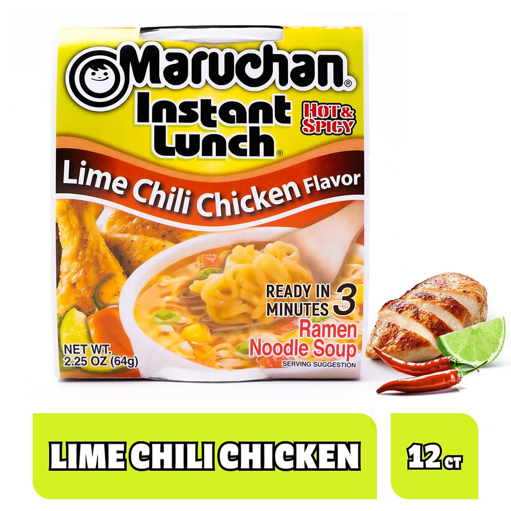 Maruchan Instant Lunch lime chili chicken cup ready in three minutes for busy days.