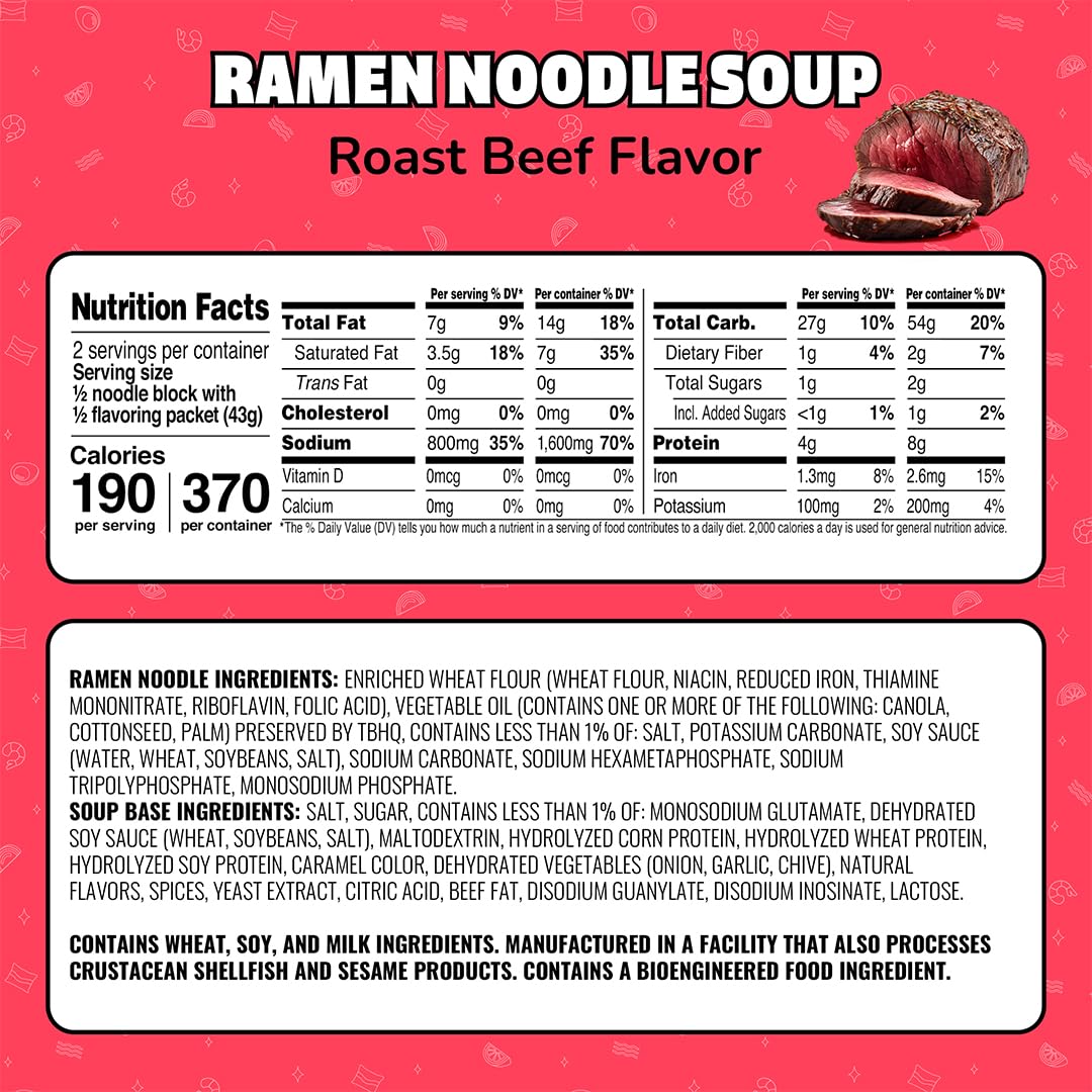 Maruchan Roast Beef Ramen packaging showing 24-pack for dorms