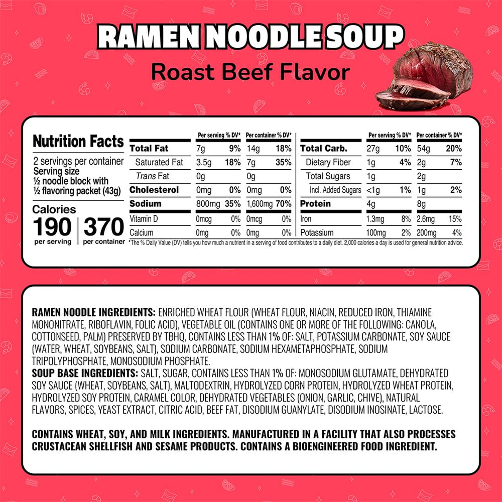 Maruchan Roast Beef Ramen packaging showing 24-pack for dorms