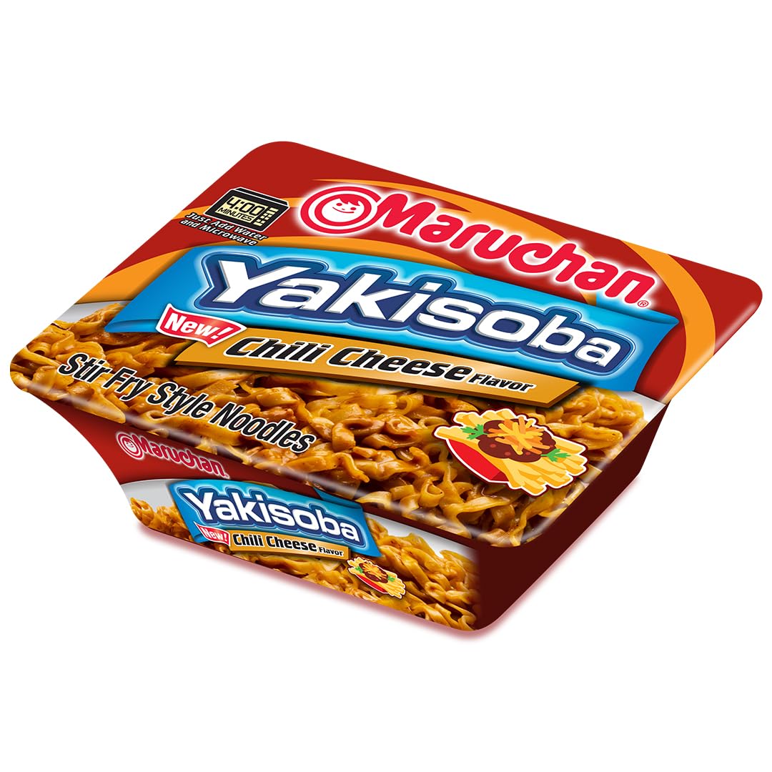 Maruchan Yakisoba Chili Cheese cooking step demonstrates fast, microwave prep.