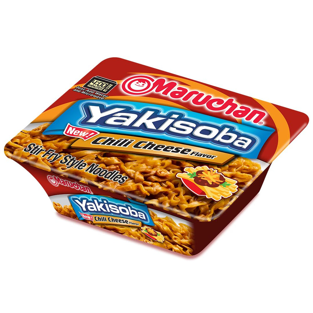 Maruchan Yakisoba Chili Cheese cooking step demonstrates fast, microwave prep.