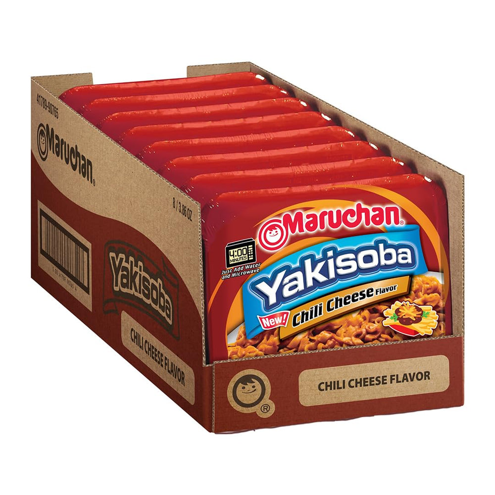 Maruchan Yakisoba Chili Cheese pack front highlights a quick meal option.
