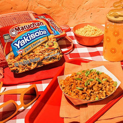 Maruchan Yakisoba Chili Cheese serving bowl shows ready-to-enjoy meal.