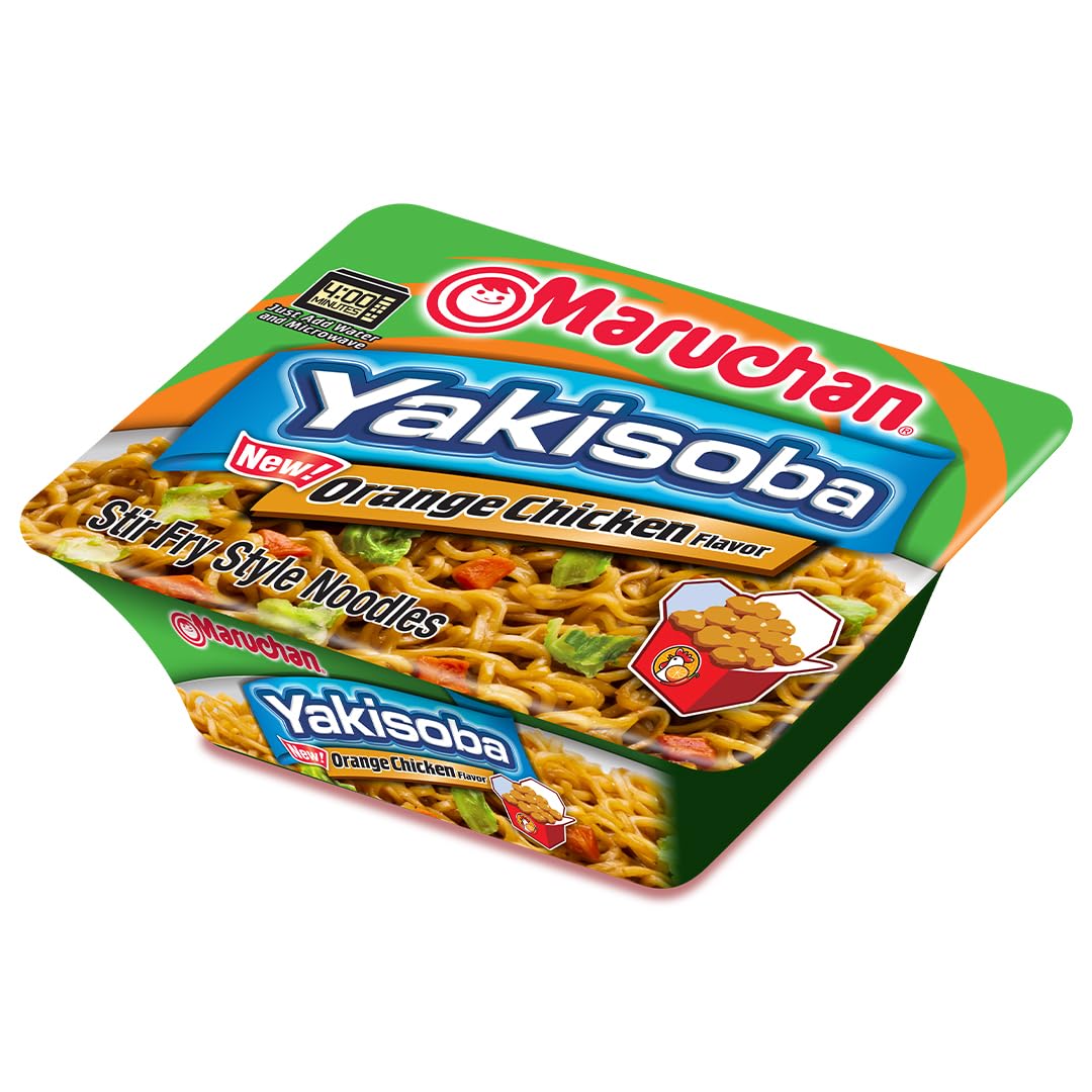 Maruchan Yakisoba Orange Chicken microwaving prep image, quick hot meal in minutes.
