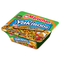Maruchan Yakisoba Orange Chicken microwaving prep image, quick hot meal in minutes.