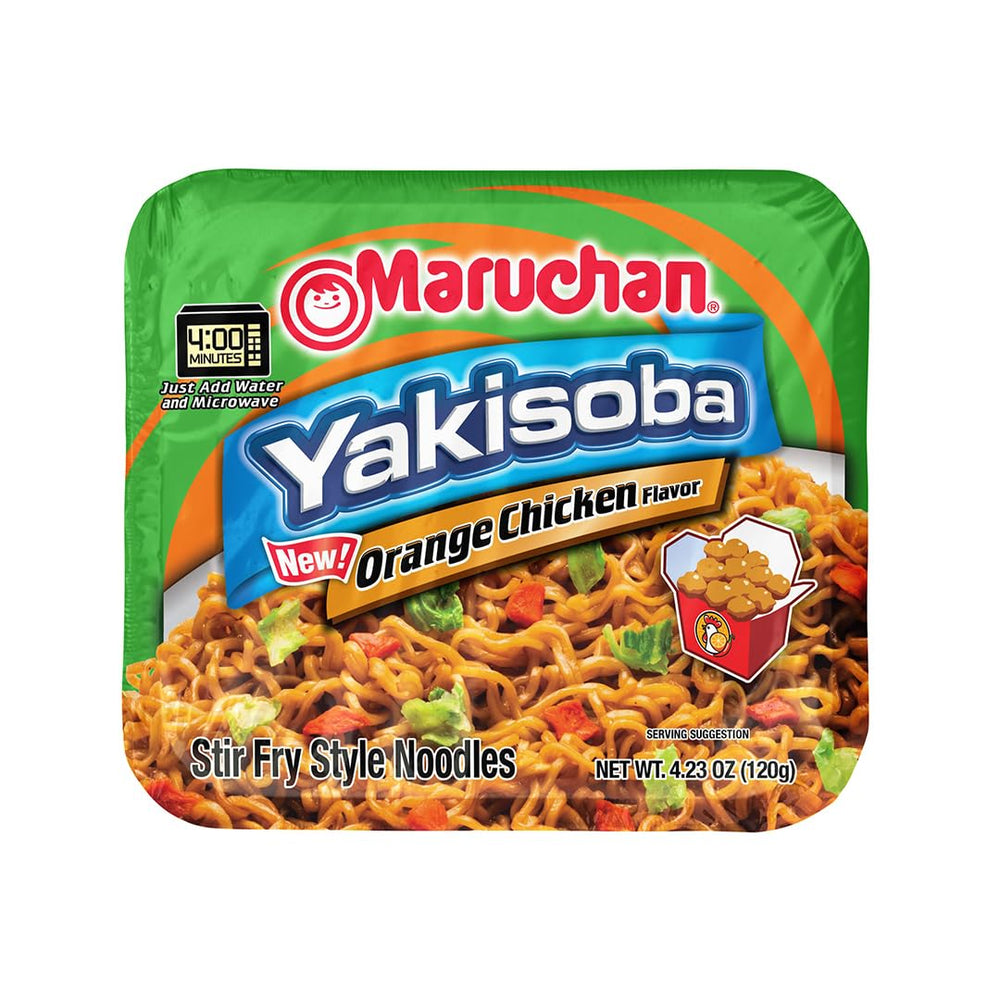 Maruchan Yakisoba Orange Chicken noodles close-up, savory aroma and satisfying texture.