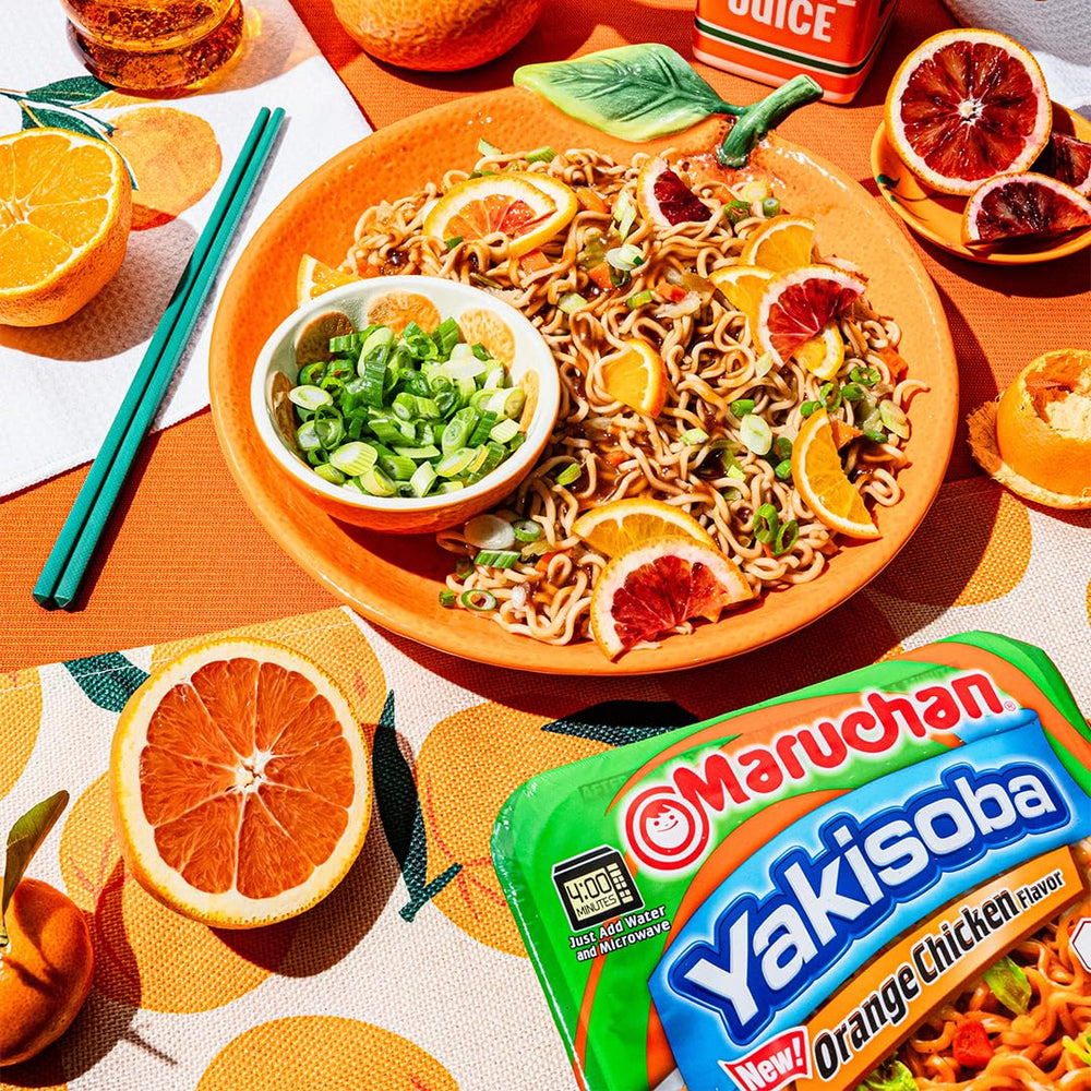 Maruchan Yakisoba Orange Chicken plated serving, ready-to-enjoy quick meal.