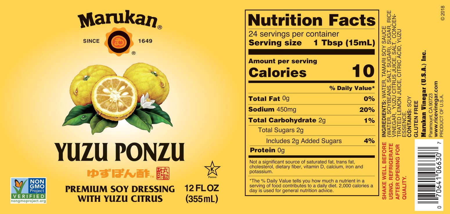 Marukan Ponzu Yuzu bottle pouring to suggest a quick glaze for grilled meats