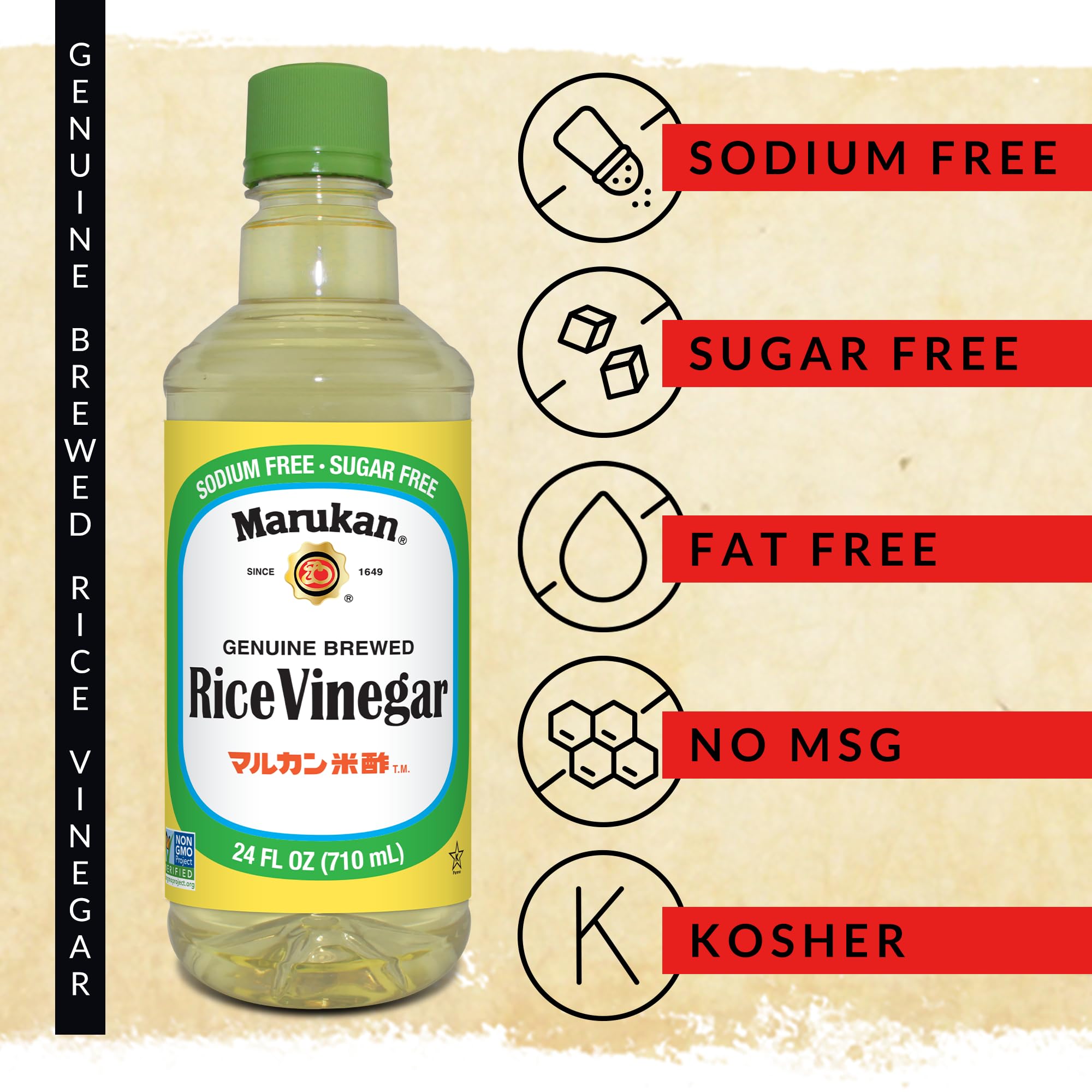 Marukan rice vinegar label closeup emphasizing traditional brewing heritage.