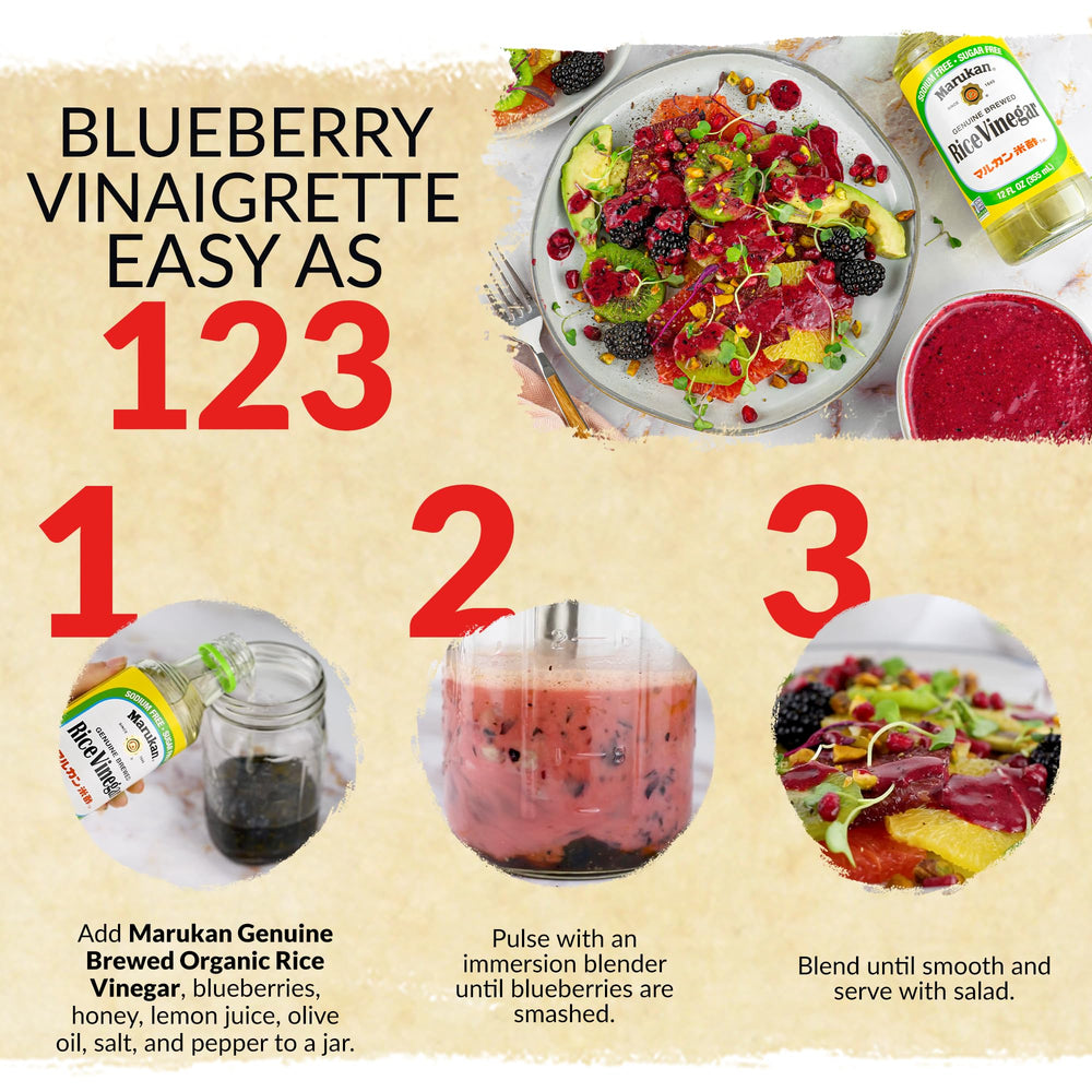 Marukan rice vinegar with salad greens for vibrant dressing.