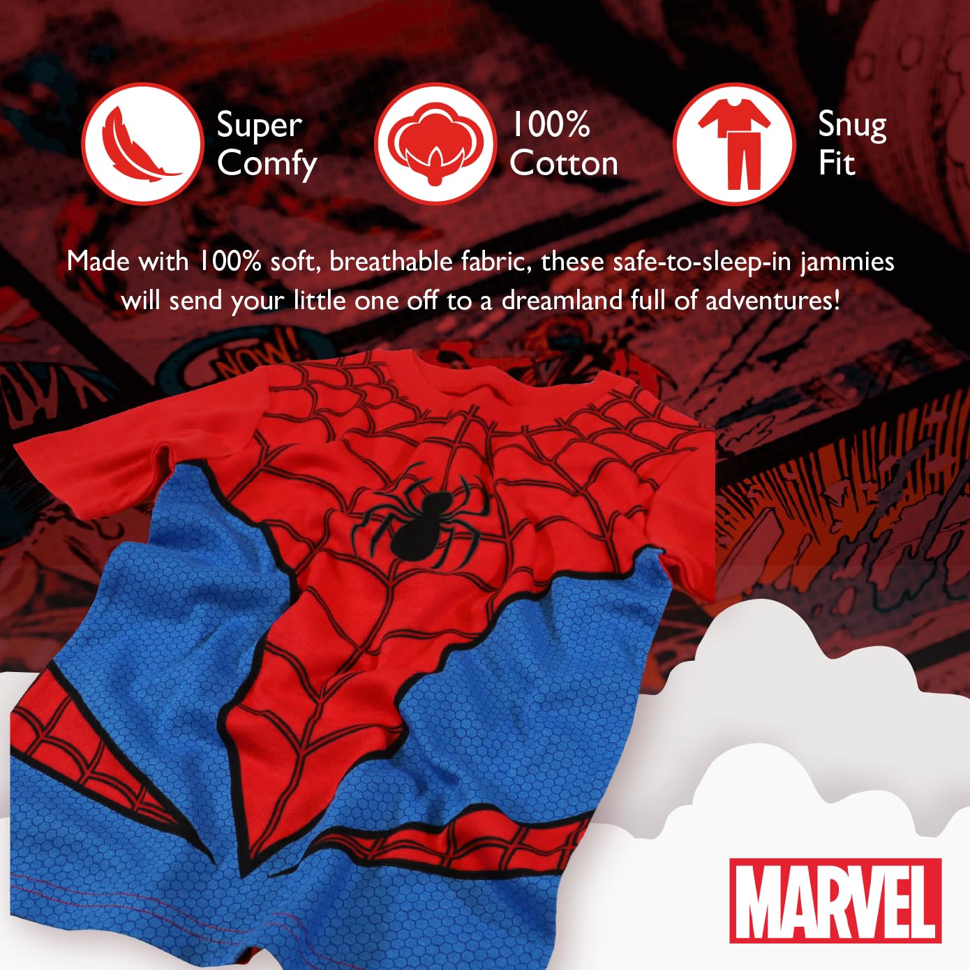Two-piece Marvel sleepwear featuring snug fit and tapered ankles for play-ready nights.