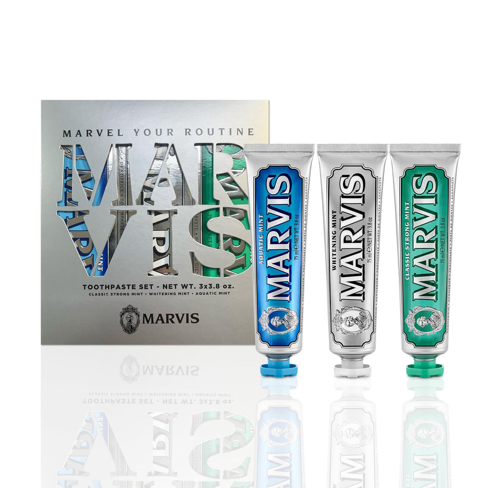 Marvis Aquatic Mint toothpaste tube for a cooling, long-lasting mint sensation