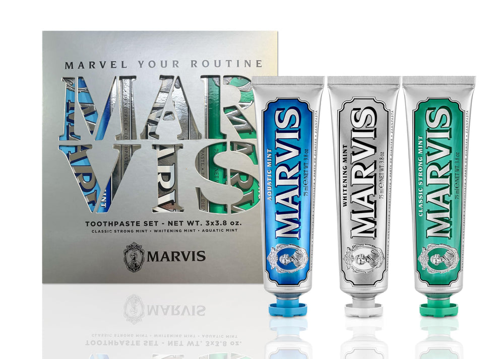 Marvis Best Sellers Trio box featuring three toothpaste tubes for daily use