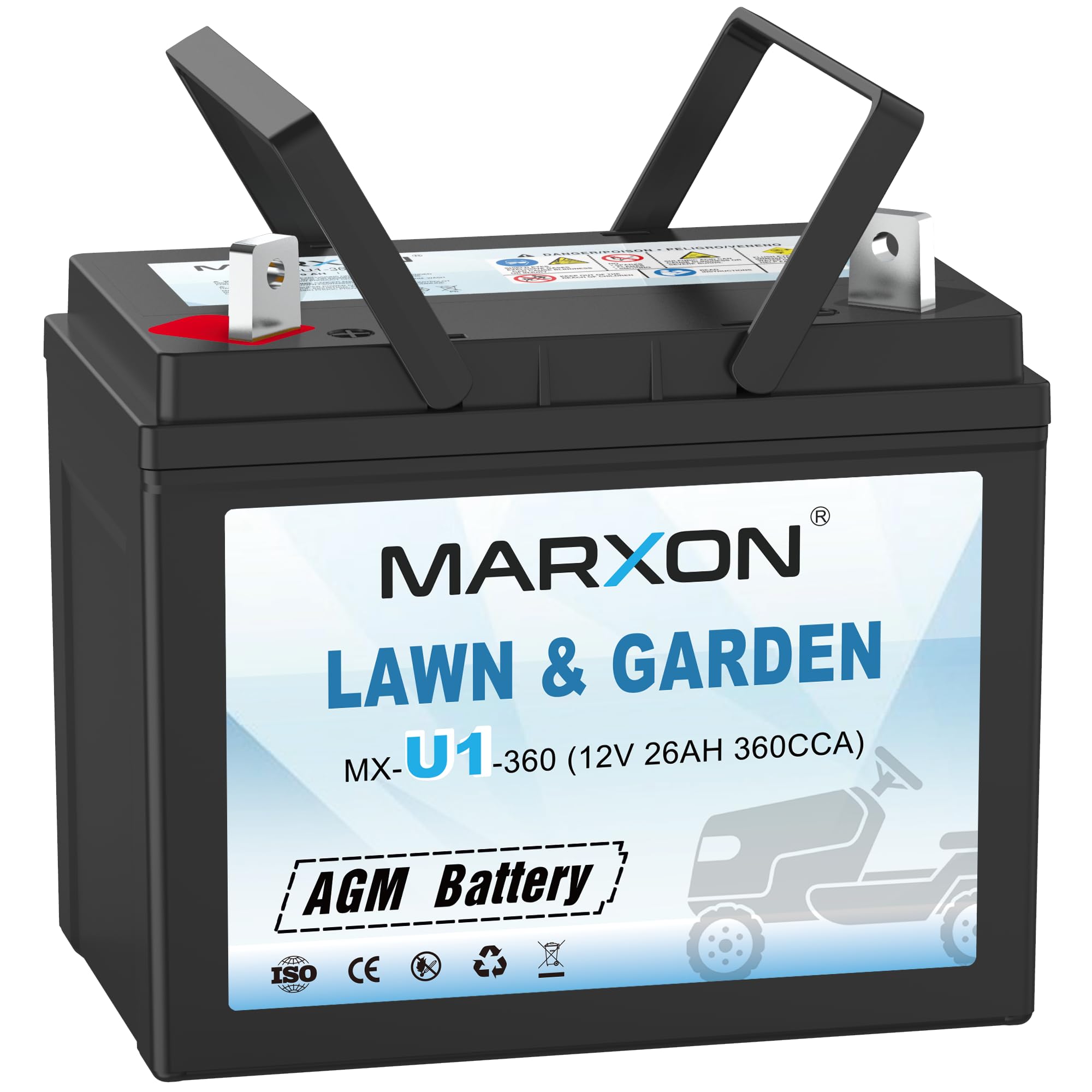 MARXON U1 360CCA front view battery for reliable mower starts.