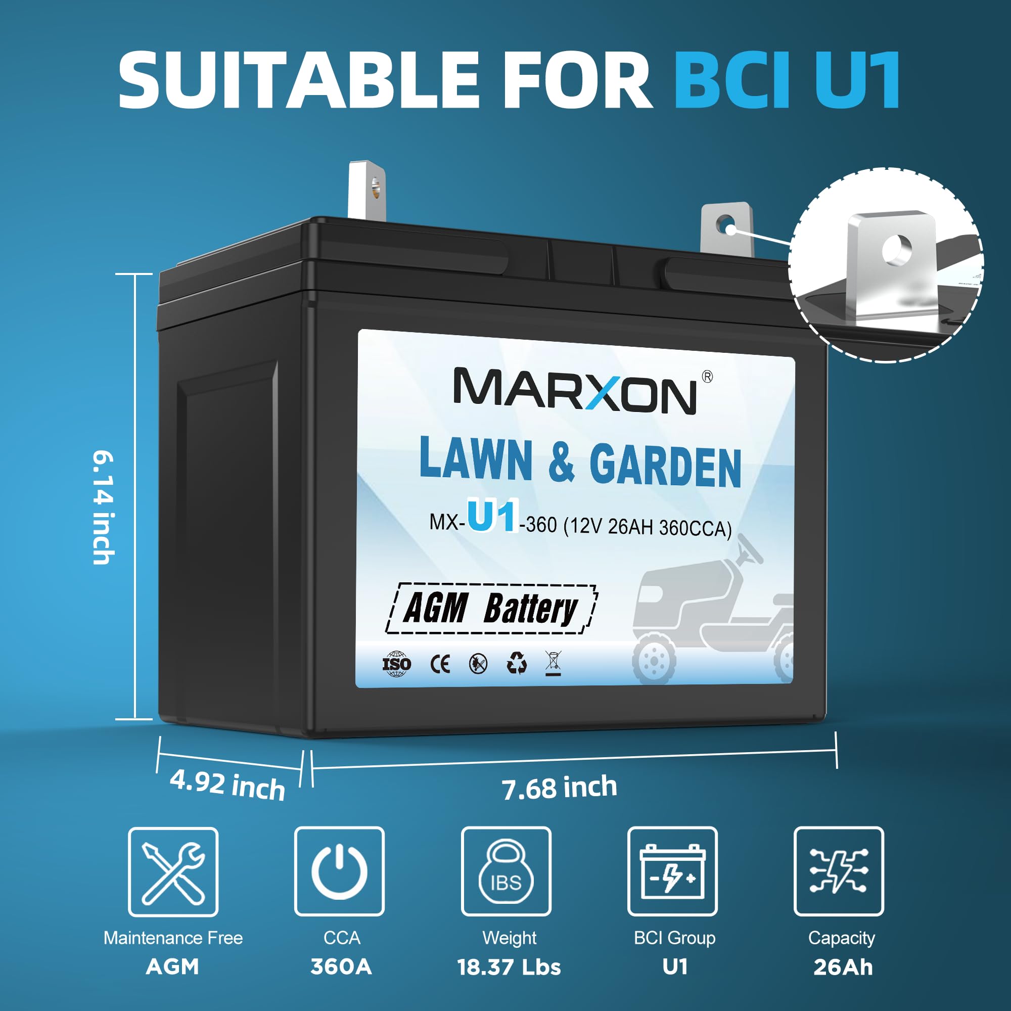MARXON U1 360CCA side view battery showcasing compact AGM design.