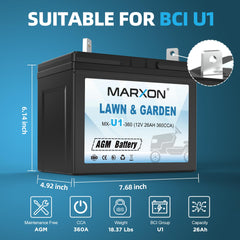MARXON U1 360CCA side view battery showcasing compact AGM design.